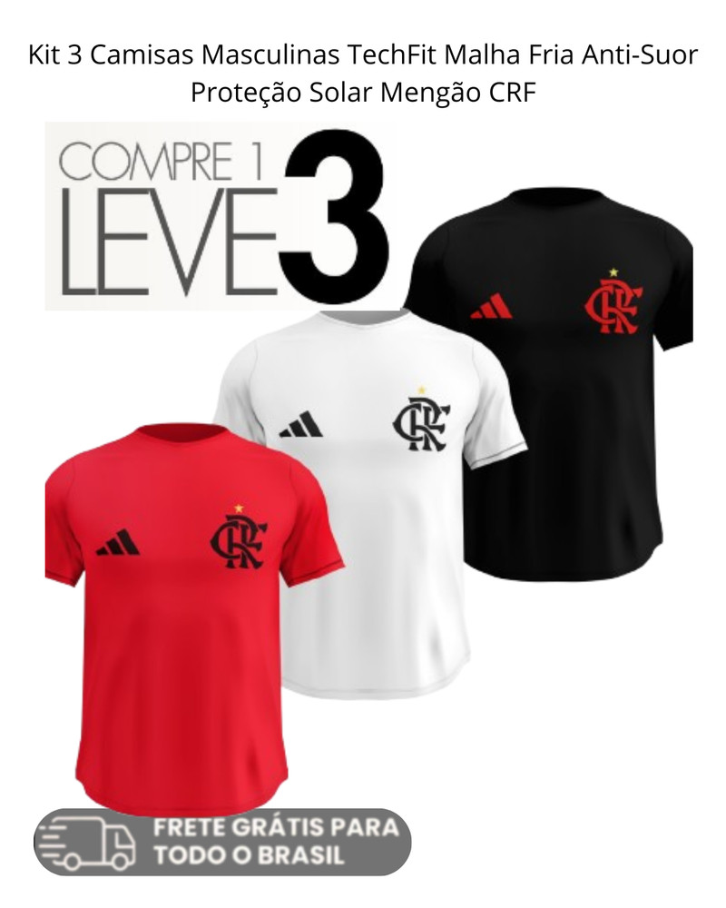 Kit 3 Camisas Masculinas TechFit Malha Fria Anti-Suor Proteção Solar Mengão CRF